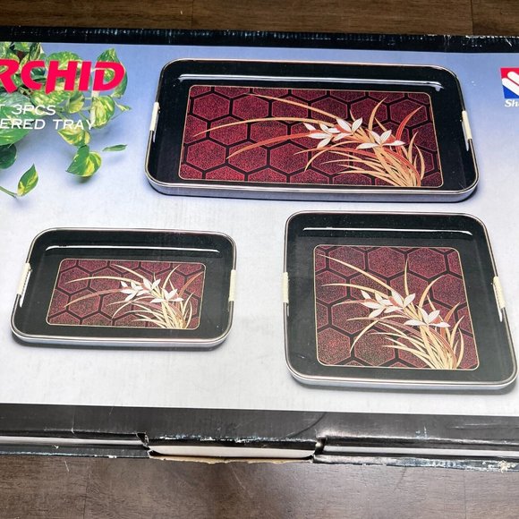 VINTAGE SHADDY ORCHID 3 PCS LACQUERED TRAYS SET OF 3 JAPAN ORIGINAL BOX NEW - Picture 4 of 7